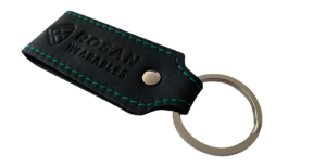 RW Black Leather Key Fob with Green Seam